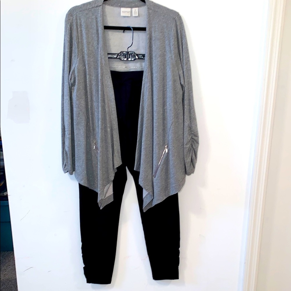 Zenergy by Chico’s Gray Open Front Cardigan with Black Pants